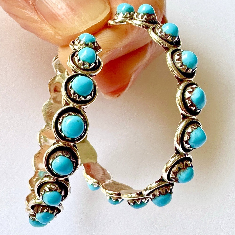 Turquoise Hoop Earrings Full Circle Native American 1.5 in 925 Sterling Zuni USA